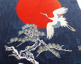 Sun crane tapestries fabric panel, Japanese crane fabric panel that can be used to make a noren curtain, pine tree fabric, oriental panel