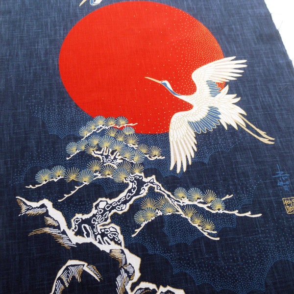 Sun crane tapestries fabric panel, Japanese crane fabric panel that can be used to make a noren curtain, pine tree fabric, oriental panel