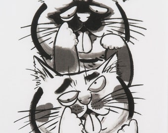 Japanese cat fabric Tenugui, black and white cat maneki neko fabric, tenugui kawaii fabric, Japanese fabric, cat noren, chat tissue