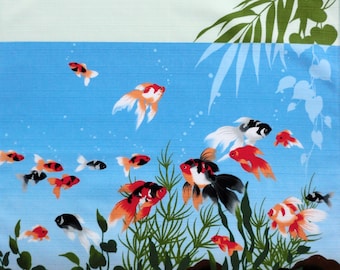 Japanese gold fish in an aquarium fabric furoshiki cotton wrapping cloth,  fish kawaii fabric, Japanese kingyo furoshiki