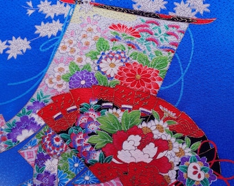 Japanese silk fabric panel, Kimono blue silk fabric, japanese silk floral, kawaii kimono fabric, japanese fabric, silk screen fabric