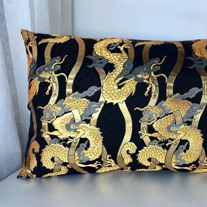 Golden dragon brocade pillow case, japanese obi brocade, sofa bedding, japan throw pillow, kimono cushion, black and gold decor pillow