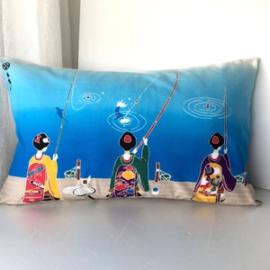 funda de almohada de geisha, funda de almohada de pesca para niñas japonesas, funda de almohada de cama, funda de cojín con acento japonés, regalo para amantes de los peces