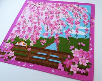 Panno furoshiki gatto, gattino sotto un albero sakura o fiori di ciliegio fiori tessuto giapponese, panno avvolgente furoshiki, involucro in tessuto gatto kawaii