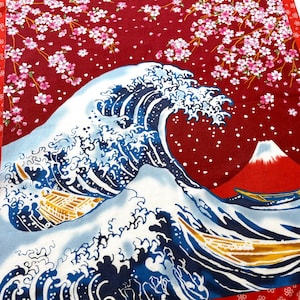 Japanese grate wave fabric panel, grate tsunami and sakura cotton fabric, Hokusai Kanagawa wave red wall decor panel