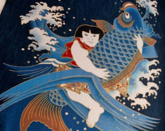 Japanese noren panel, momotaro carp fabric, blue painel curtain, blue noren curtain panel, japan fabric, wall tapestries, wall fabric panel