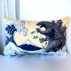 Shin godzilla throw pillow, Godzilla pillow case, tsunami bedding pillow cover, decorative pillow cover for kids, japanese tenugui cover