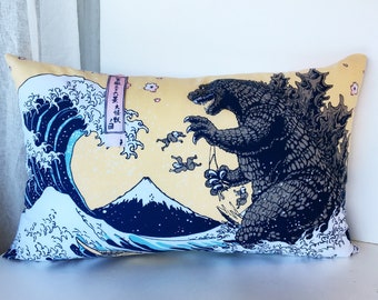 Shin godzilla throw pillow, Godzilla pillow case, tsunami bedding pillow cover, decorative pillow cover for kids, japanese tenugui cover