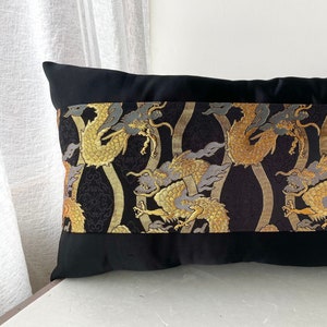 Golden and blac dragon brocade pillow, Japanese obi brocade, sofa bedding, japan throw pillow, kimono cushion, blue and gold decor pillow