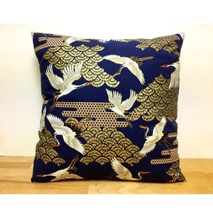 navy blue golden crane pillow case, 19 x 19 inches bedding pillow throw, Japanese golden fabric pillow cover, tsuru & waves pillow cushion image 1