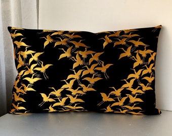 golden crane throw pillow case, Japanese obi brocade sofa bedding throw pillow case, silk cushion, gold decor pillow cover, Japanese brocade