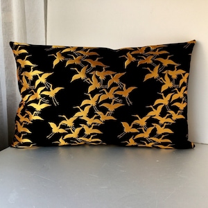 golden crane throw pillow case, Japanese obi brocade sofa bedding throw pillow case, silk cushion, gold decor pillow cover, Japanese brocade
