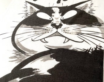 Cat in a bad mood Japanese fabric, Japanese cat fabric Tenugui, black and white cat maneki neko fabric, tenugui kawaii fabric, chat tissue