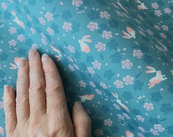 Blue bunny Japanese fabric cotton, rabbit and sakura fabric fat quarter, nursery decor bunny fabric, tissu japonais,