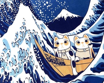 cats in the Kanagawa wave tenugui, ukiyo-e Hokusai Japanese fabric, Maneki Neko Cats in the Tsunami, Japanese cat tenugui, cat kawaii fabric