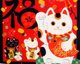 Tela japonesa furoshiki con diseño de gatos Maneki neko o gatos de la suerte, tela para envolver gatos, tela kawaii, gato tradicional japonés, regalo para amantes de los gatos