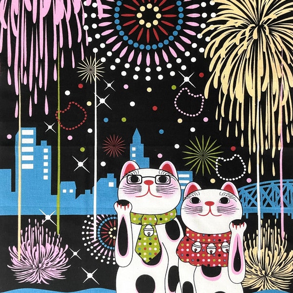 Cute Japanese cats tenugui, cats watching fireworks in the summer matsuri nigth, cats and the hanami fabric, kawaii cats wall tapestry panel