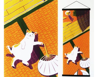 Japanische Tenugui Katze aus Tatami Stoff, süßer Stoff Tenugui, kawaii Stoff, Katzen Wanddekoration, japanische Noren Platte, japanisches Haus