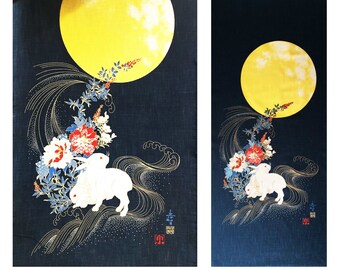 Japanese bunny panel fabric, blue rabbit fabric panel, wall fabric panel, big yellow moon and the bunnies fabric panel, bunny's and flowers