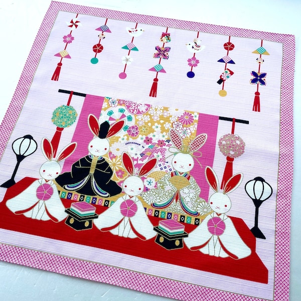 Pink bunny's tea towel, Hina matsuri bunnys Japanese furoshiki fabric, Japanese pink rabbits fabric cotton wrapping cloth, kawaii fabric