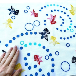 Japanese gold fish fabric, kingyo tea towel Japanese fabric, fish cute fabric tenugui, baubles kawaii fabric, nursery fish Japanese fabric