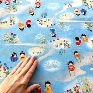 kids wearing a kimono fabric, Japanese girl handkerchief, girls playing blue fabric, cute kids kawaii fabric, flowers and children