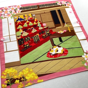 Cat sleeping in a Japanese house furoshiki fabric, hina matsuri cat Tea towel, wrapping cloth cat fabric, cat in a tatami furoshiki