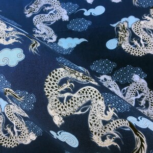 Navy blue dragon fabric fat quarter, quilt decoration, Japanese dragon fabric, Chinese motif dragon quilt fabric, dragon lovers craft