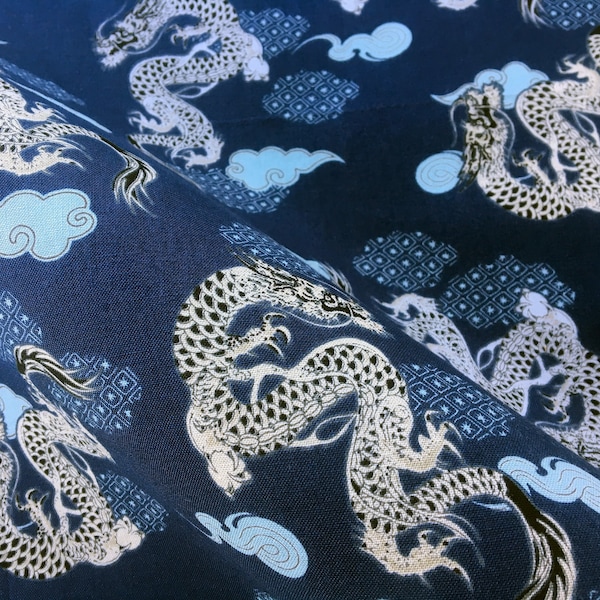 Navy blue dragon fabric fat quarter, quilt decoration, Japanese dragon fabric, Chinese motif dragon quilt fabric, dragon lovers craft