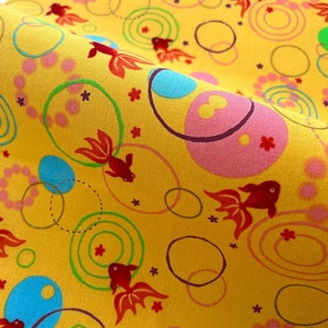 Japanese kingyo yellow cotton fabric, Gold fish kawaii Japanese fabric, fat quarter, furoshiki wrapping. quilt or handkerchief fabric
