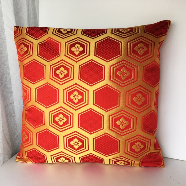 Red and gold decor pillow cove, Golden brocade pillow case, japanese obi brocade, sofa bedding, japan throw pillow case, kimono cushion