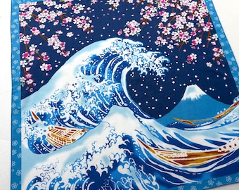 Japanese blue grate wave cotton fabric, Blue and pink sakura flowers panel, Hokusai Kanagawa wave fabric,  big tsunami and mount fuji