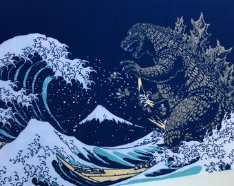 Godzilla tenugui fabric, shin godzilla birthday party, godzilla wall  panel, kendo bandana, martial arts, japan hokusai wave tsunami fabric