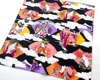 Pañuelo de arte japonés Ukiyo-e de geisha, tela negra japonesa de geisha, tela japonesa de oiran, tela kawaii de chicas en kimono