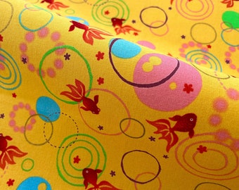 Japanese kingyo yellow cotton fabric, Gold fish kawaii Japanese fabric, fat quarter, furoshiki wrapping. quilt or handkerchief fabric