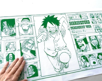 May include: A green and white illustration of characters from the anime One Piece. The illustration is titled "Marineford Paramount War".