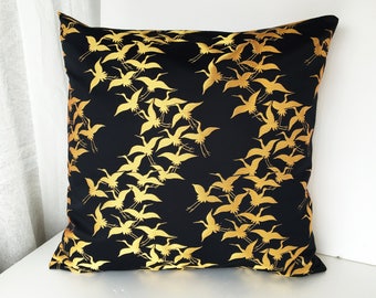 Black and gold crane decor pillow cover, Golden brocade pillow case, japanese geometric obi brocade, sofa bedding, kimono throw pillow case