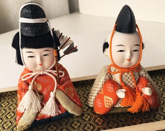 Set of 2 Vintage kimekomi Japanese doll,  hina matsuri boy doll, Kokeshi doll, kawaii hina matsuri dolls, mid century gofun ningyo