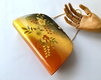Vintage Japanese orange enamel patent leather clutch, Japanese Evening Bag, luxury hand bag, orange Patent Leather Metal Gold Accents purse