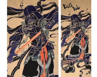Japanese tenugui Darth Vader as guardian of spirits fabric, tissue japonais, wars wall art tapestry martial arts, Japanese god fabric