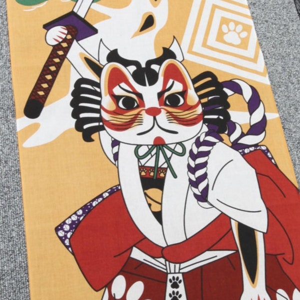 Samurai cat tenugui, Maneki Neko cats tenugui fabric, kabuki warrior spirit, cat and katana, cat tea towel, japanese cat noren curtain panel