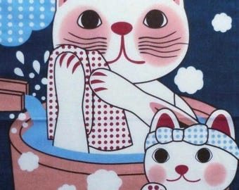 Japan Tenugui fabric  Maneki-neko Fortune Cats, limited edicion, Cats taking a bath in a japanes Onsen, japanese fabric, japanese kawaii