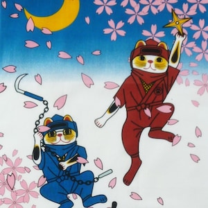 Ninja cat Japanese tenugui, Maneki-neko, ninja Japanese fabric, cat wall décor, cat lovers gifts, kawaii fabric, martial arts tenugui
