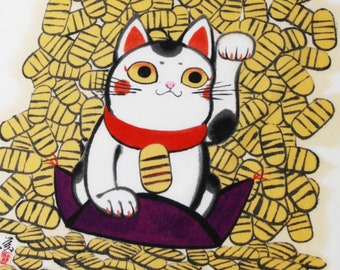 Gato y monedas de oro, tela japonesa tenugui de algodón, gato de la suerte maneki neko con dinero japonés, tela kawaii, tejido de chat japonés