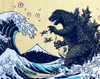 Godzilla tenugui fabric, shin godzilla birthday party, godzilla wall decoration, kendo bandana,  martial arts, japan tsunami fabric