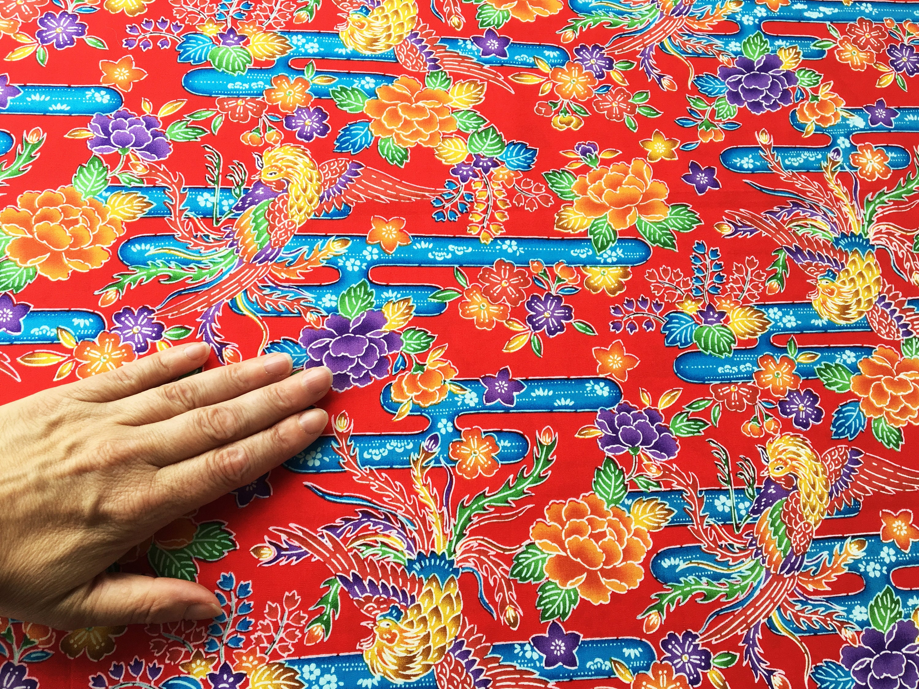 Okinawa Fabric Art, Red Bingata Print Fabric, Japanese