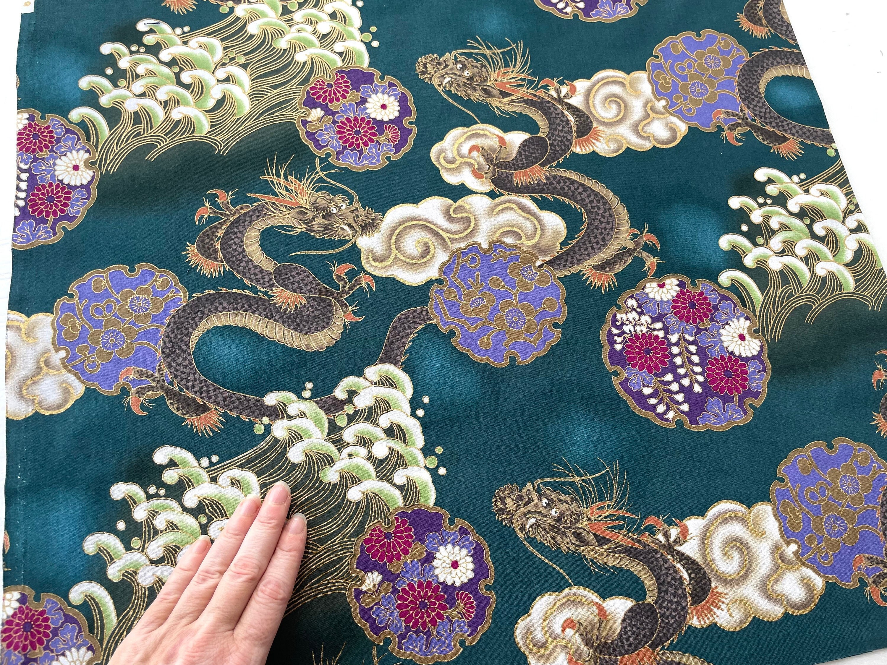 Green dragons and waves fabric, Japanese cotton fat quarter,  dragons quilt cotton fabric, tissue japonais, Asian dragons and flowers cotton