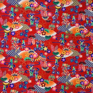 May include: Red fabric with a repeating pattern of colorful flowers, leaves, and geometric shapes. The design is inspired by traditional Japanese art.