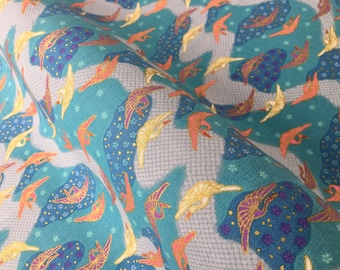 Blue crane Japanese fabric, kawaii cotton print, fat quarter quilt fabric, japanese yukata fabric, blue waves cotton fabric