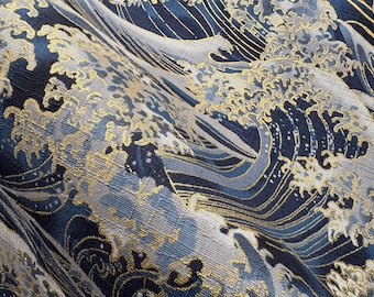Navy blue waves Japanese fabric, Kanagawa wave fabric fat quarter, tsunami blue waves and golden nuances cotton fabric for your crafts